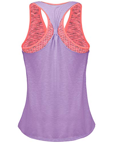 Workout Tops for Women with Built in Bra Tanks Activewear Yoga Running Shirt (Light Purple&Pink Bra#011s, S)