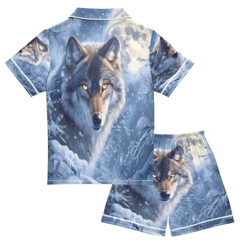 ALAZA Wolf Moon Snow Satin Pajamas Set Short Sleeve Button Down Sleepwear Summer Pjs 2 Piece2
