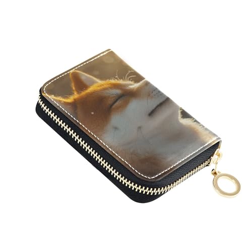Small Womens Wallet Credit Card Wallets RFID Blocking Leather Zipper Wallet with Coin Pouch Happy Shiba Inu Snowy Art