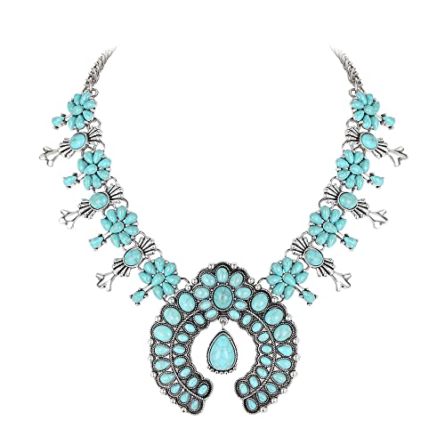 Flyonce Bohemian Turquoise Collar Necklace, Art Deco Flower Costume Statement Necklace for Women