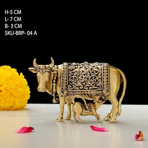 Image of INDICAST Handcrafted Brass Cow with Calf for Good Luck | 2 inch Kamdhenu Gau MATA Idol Spiritual Vastu Nandi Pooja Figurine Sculpture for Home and Office (Weight- 70gm)
