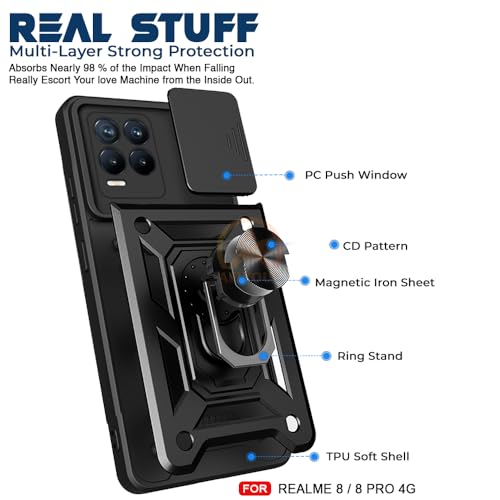 Image of Armor Bumper Back Cover Case for Realme 8 Pro / 8 4G Rotating Camera Cover, Ring Holder & Kickstand | Heavy Duty & 360 Degree Protection Realme 8 Pro / 8 4G Back Cover (Black)