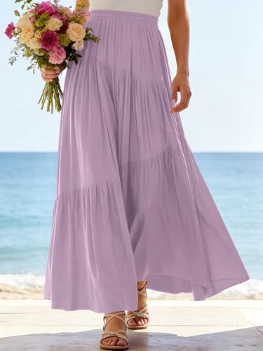 Image of ANRABESS Women's Boho Elastic High Waist Pleated A-Line Flowy Swing Asymmetric Tiered Maxi Long Skirt Dress with Pockets