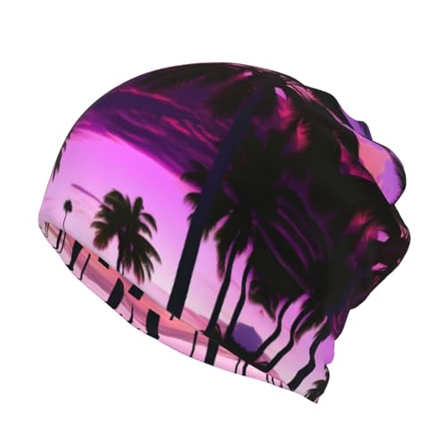 Palm Tree Purple Sunset Print Ponytail Beanie for Women,Winter Beanie Hat Face Mask Covering Neck Gaiter for Cold Weather