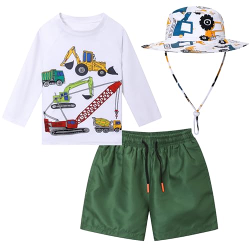 Baby Boys Swimsuit 3-Piece Set – Long Sleeve Rashguard, Swim Trunk & Sun Hat for Toddlers 3-4 Years (Excavator Print)