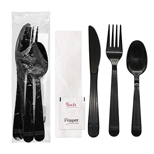 Party Essentials Individually Wrapped Black Plastic Cutlery Packets/Heavy Duty Silverware Kits, Fork/Spoon/Knife/Napkin/Salt/Pepper, 50 Sets