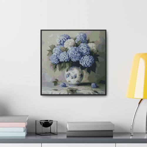 Image of MYBISYMQQ Hydrangea Cross Stitch Kits for Adults Beginners - 11CT Stamped Vintage Blue Flower Vase Embroidery Kit, DIY Pre-Printed Needlepoint Patterns for Home Wall Art Decor, 13.7x13.7 Inches