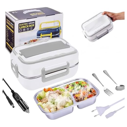 Marmita Elétrica Portátil Veicular de Aço Inoxidável Para Carro Uber Casa Lancheira Térmica 12V 110V-220V C/ 3 Divisórias Inox (Branco C/Cinza) da Marca Midas®