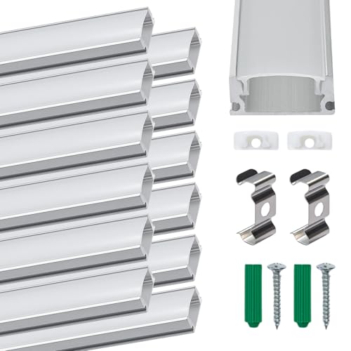 SUNNYNEST 12 Pack U Shape Led Aluminum Profile for LED Strips, 1Meter/3.3ft Aluminum Channel with Milky White Cover, Led Track Diffusers with LEDs Diffuser Cover, End Caps & Mounting Clips