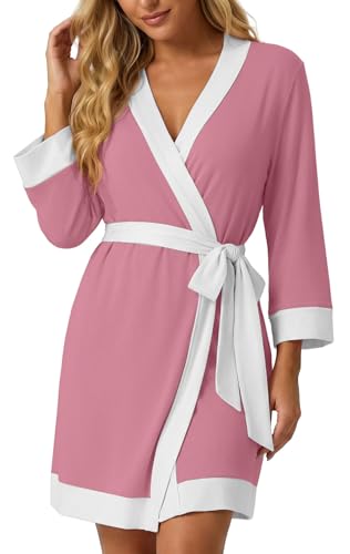 Image of PrinStory Womens Robe Knit Kimono Bathrobe Lightweight Soft Sleepwear Knee Length Lounge Robes