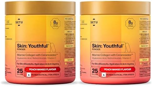 Setu Skin: Youthful | Upgraded 8g Marine Collagen + Ceramosides™ | 4X Faster Hydration | Reduces Fine Lines & Wrinkles | Monk Fruit Sweetened | Peach Mango (50 Servings)