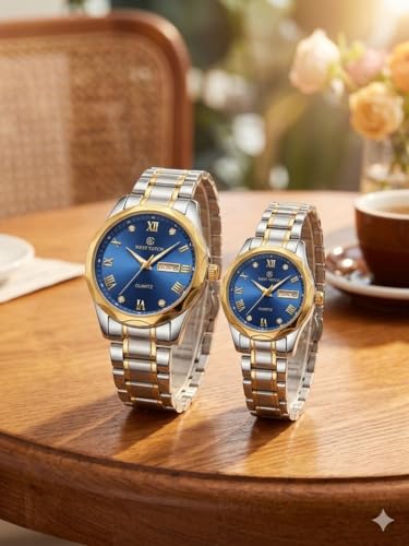 Image of MINI @ MAXX Unisex Adult Couple Watch Set His & Her Matching Watches with Luxury Diamond Accents-Two-Tone Silver Strap,Blue Dial Valentine's Day Stainless Steel Original Quartz Watch Lovers Set