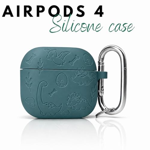 Image of Emoh Roced Case for Airpod 4 with Keychain,Silicone Dinosaur Engraved Cases Compatible with Apple AirPods 4th Generation 2024, Anti-Scratch, Protective Case Cover (Dark Green, for AirPods 4)