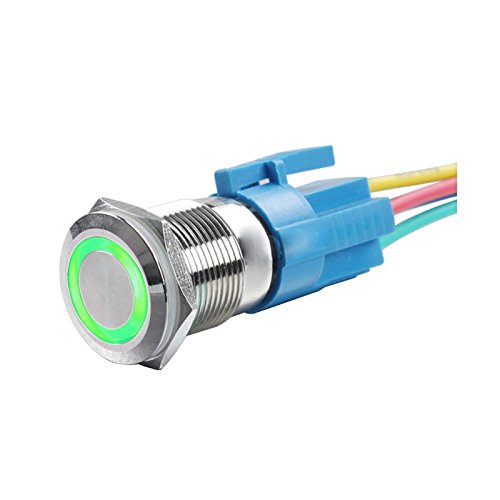 Reusious DC12V 19mm 3/4 "Anillo Verde Led Metal Momentáneo Interruptor de Botón Del Coche DIY Interruptor de Plata con Adaptador de Conector con Cable