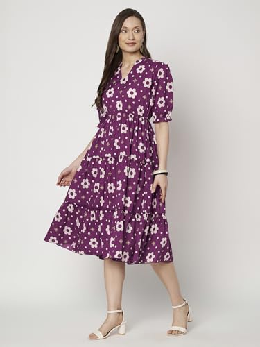 Image of Women's Floral Summer Maxi Dress I Cotton Printed I One Piece Bodycon Midi Dress with V-Neck, Puffed Sleeves
