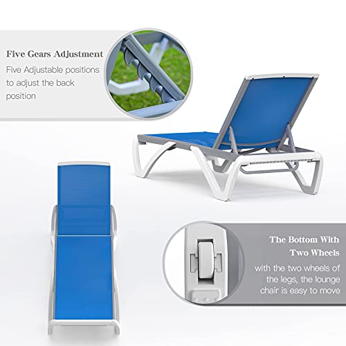 Image of Domi Patio Chaise Lounge Chair Set of 3,Outdoor Aluminum Polypropylene Sunbathing Chair with Adjustable Backrest,Arm,Side Table,for Beach,Yard,Balcony,Poolside(2 Blue Chairs + 1 Side Table)