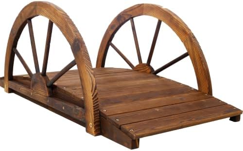 LuckyNote】3.3ft Wooden Garden Bridge Arc Footbridge with Half-Wheel Style Railings & Solid Fir Construction, Stained Wood 39.5x19.2x14.7 Inch, 330 lbs Weight Capacity