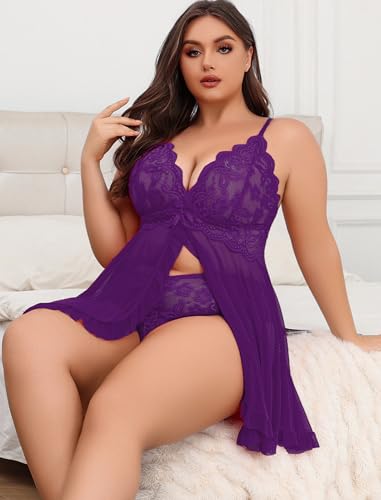Image of Avidlove Plus Size Lingerie for Women Sexy Lingerie Dress Lace Babydoll Lingerie V-Neck Open Front Strap Nightdress