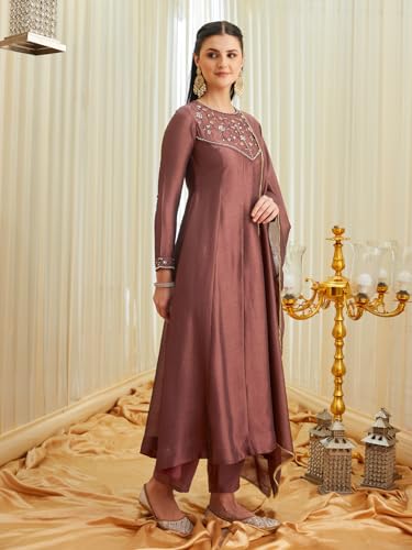 Image of MOKOSH Women's Silk Hand Work Anarkali Kurta Pant with Dupatta | Anarkali Kurta Pant | Embroidered | Round Neck Full Sleeve | 3 Piece Outfit | Ethnic Wear