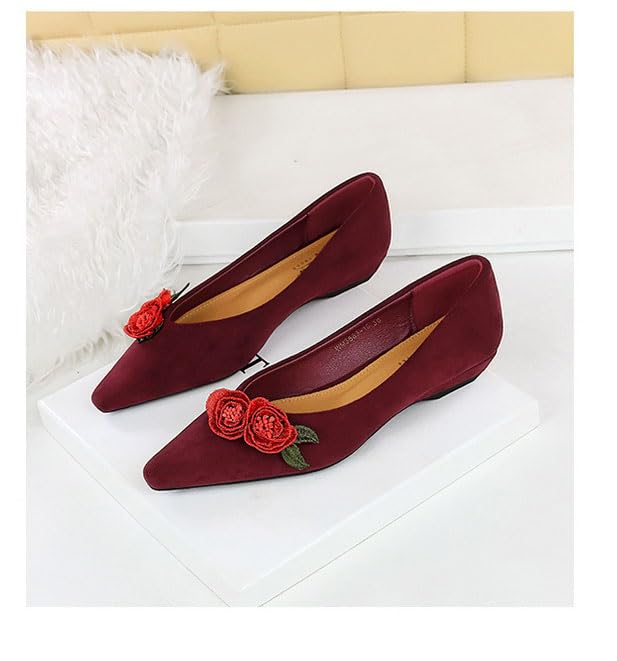 Women's Flower Pointed Toe Suede Flat Shoes Fashionable Faux Suede Flower Ballet Flat Comfortable Slip on Loafers Low Slope Heel Shoes4