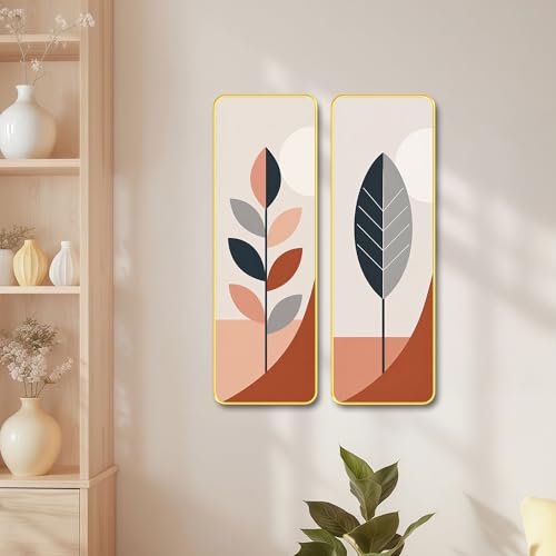 Image of The Castle Decor Modern Abstract Botanical Painting Set of 2 | Beige Terracotta Leaf Wall Art 19X27 Inch | Aesthetic Home Decor for Hallway Bedroom Office