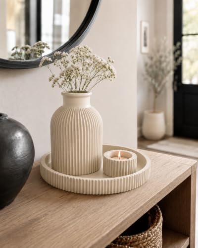 Modern Ribbed Vase & Candle Holder Set with Round Tray, 3-Piece Minimalist Home Decor for Living Room, Bathroom, Bedroom & Coffee Table (Beige)