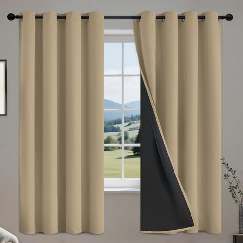 Image of COSVIYA 100% Biscotti Beige Blackout Curtains 63 Inch Long for Kids Room | Room Darkening Light Blocking Drapes for Bedroom, Grommet Thermal Insulated Window Panels with Black Liner, W52xL63,2 Panels