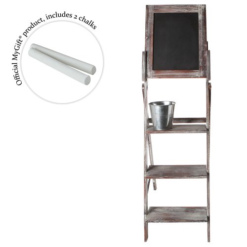 MyGift Decorative Torched Wood Easel Style Chalkboard Stand with 3 Tier Display Shelves