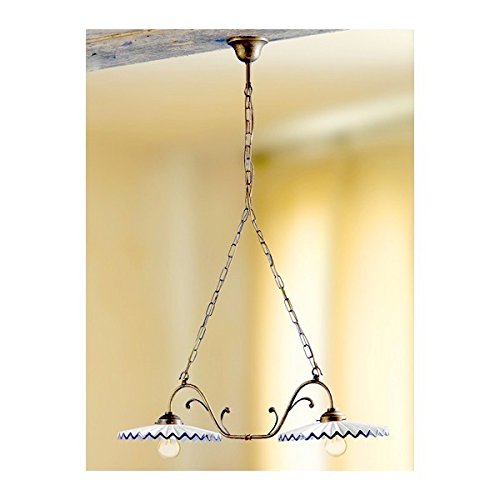 Colore decori: Marrone Lampada a bilanciere a 2 luci in ottone con piatti in ceramica plissettata vintage country – Ø 80 cm - Marrone