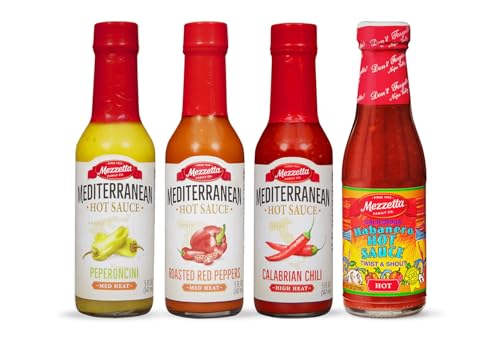Mezzetta Hot Sauce Variety Pack Medium/High Heat - Includes: Peperoncini, Roasted Red Peppers, Calabrian Chili, CA Habanero - Non-GMO, Hot Sauces for Sandwiches, Tacos and Chicken - 5 fl. oz. Pack of 4