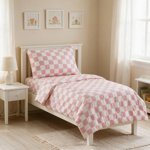 Image of CLOTHKNOW 4Pieces Pink White Plaid Toddler Bedding Sets for Girls Kids Bed | Soft, All Season, Grid Comforter, Checkerboard Bedding Sets, Soft Crib Bed Sets