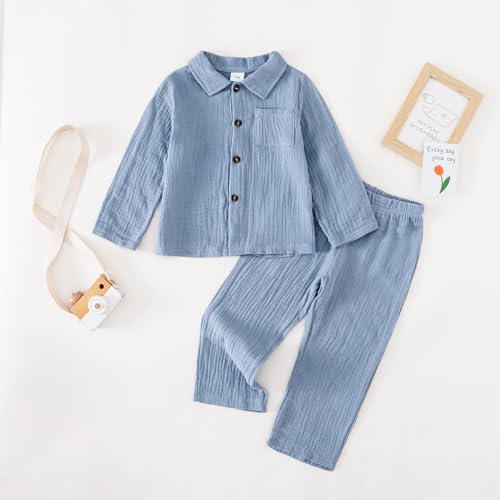 XFGLCK Toddler Boy Girl Fall Clothes Cotton Linen Long Sleeve Shirt Pants Set Unisex Casual Outfit2