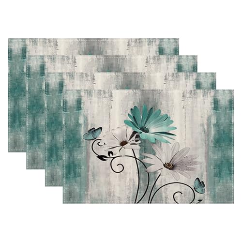 Floral Placemats Set of 4, 12x18 Inch Teal Blue Daisy Flower Table Mats Rectangle Vintage Flowers Holiday Decorative Table Placemats for Party Home Kitchen Dining Table Decoration