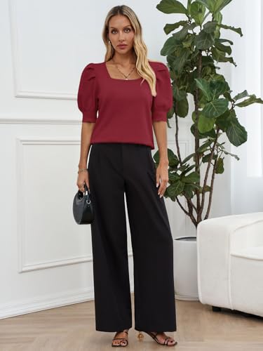 Image of Womens Puff Short Sleeve Sweater Tops Square Neck Casual Knit Pullover | Dressy Casual Blouses,Fall Shirts,Fashion Summer Clothing,Cute Spring Outfits,Work Shirts