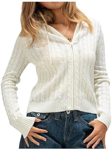 Image of SANSIWU Women Cropped Zip Up Hoodie Sweater Jacket Solid Color Long Sleeve Vintage Aesthetic Ribbed Knit Sweatshirts (Milky White, M)