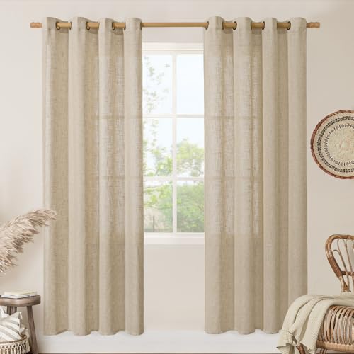 Image of LAMIT Semi Sheer Linen Curtains 80 Inch Length for Living Room, Brown Light Filtering Window Panels Bronze Grommet Boho Burlap Drapes for Bedroom /Farmhouse, Set of 2, 52 x 80 Inch