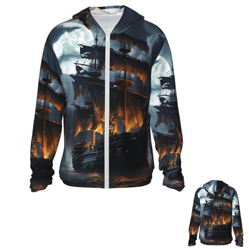 NONHAI Men's Sun Protection Jacket UPF 50+ Full Zipper Long Sleeve UV Hoodie Shirt Pirate Sailboat Full Women's Outdoor Jacket Black