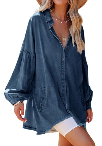 Image of loveimgs Women Oversized Distressed Denim Button Down Shirt Tunic Dress Flowy Mini Jean Dress with Pockets