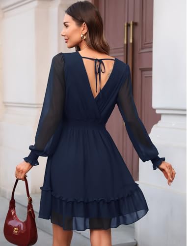 Image of Prettywear Women's Chiffon Long Sleeve Wrap Neck Wedding Guest Mini Dress | Wrap V Neck Smocked Waist Flowy Dress, Spring Fall Outfits for Cocktail, Vacation, Date Night Party