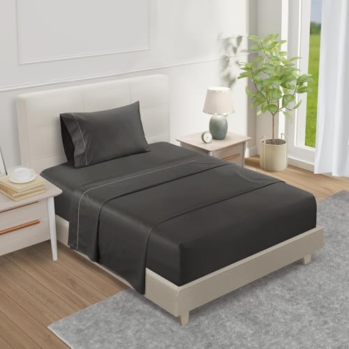 Image of Luxury Egyptian Cotton Twin Sheets Set, 3-Piece Twin Bed Sheets - Charcoal | 800 Thread Count Fully elasticized Sheet & Pillowcase Sets with 15 inch Deep Pocket, Breathable, Machine Washable Grey Sheet
