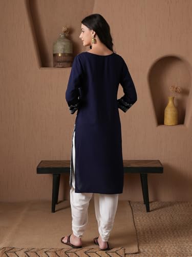 Image of QAZMI Women's Aari Embroidered Viscose Rayon 3 /4 Sleeves Keyhole Neck Straight Kurta