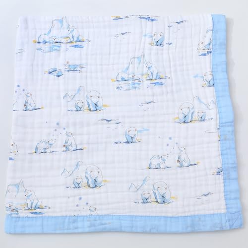 Image of Jay & Ava Baby Muslin Blankets 42' x 42', Soft Cotton Blanket for Toddler Boy, 4 Layers Bed Muslin Throw for Crib, Large Receiving Blanket - Blue Polar Bear