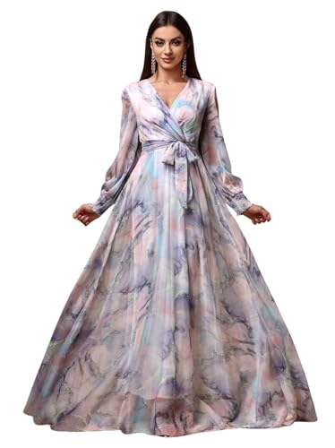 Image of LITZO Dress for Women || Women's Printed Wrap Maxi Gown || V‑Neck Long Sleeve Belted Flowy Dress for Parties, Weddings & Evening Events || Lightweight Sheer Layer Western Outfit (T-L-14-16)