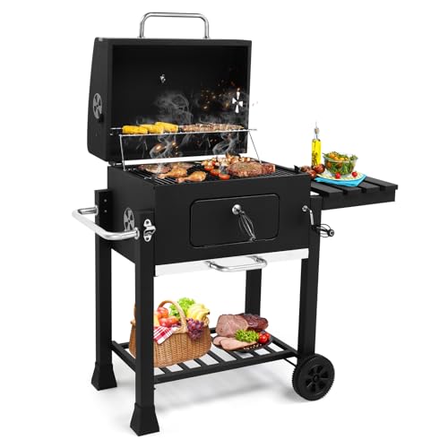 LEADZM Holzkohlegrill mit Doppelkammer-Design, fahrbarer Premium Grillwagen – Ganzmetall-Smoker für Garten & Terrasse, mit...