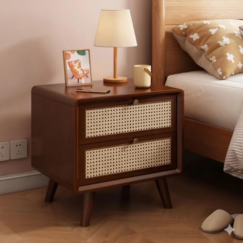 Image of MISAN Boston Solid Wood Bedside Table with Rattan Drawers Mid Century Night Stand for Living Room, Bedroom (Z-Walnut)