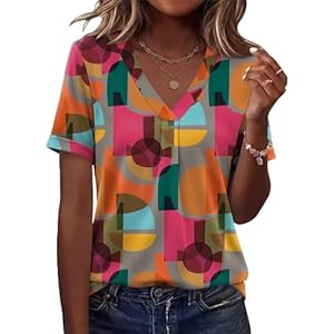 AKEWEI Womens Tops Short Sleeve Shirts for Women V Neck Business Casual Tunic Spring Fashion Clothes 2026 Contrasting Color Geometry X-Large