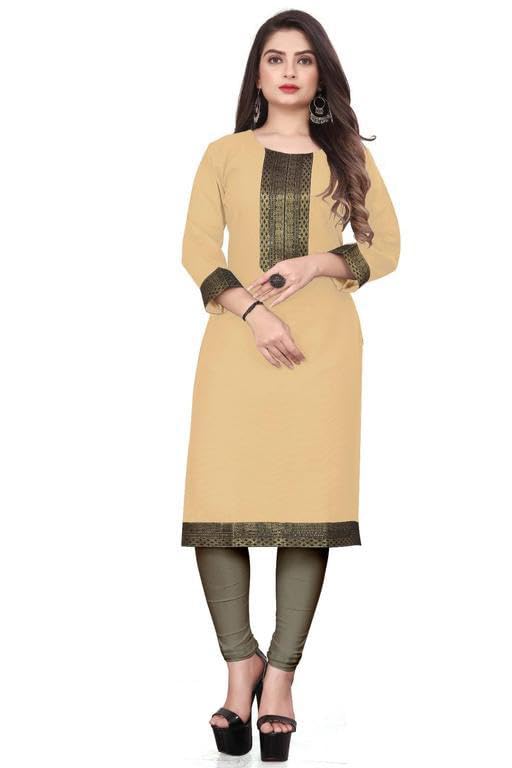 VISVA DESIGNERPlain Cotton Golden Lace Border Pattern Casual Kurtis Kurta for Girls & Women