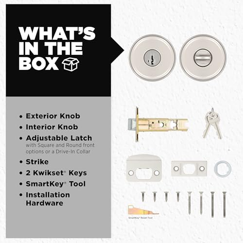 Image of Kwikset Maven Entry Door Knob with Lock and Key, Secure Keyed Handle Exterior, Front Entrance and Bedroom, Satin Nickel, 4 Pack, Pick Resistant SmartKey Rekey Security and Microban