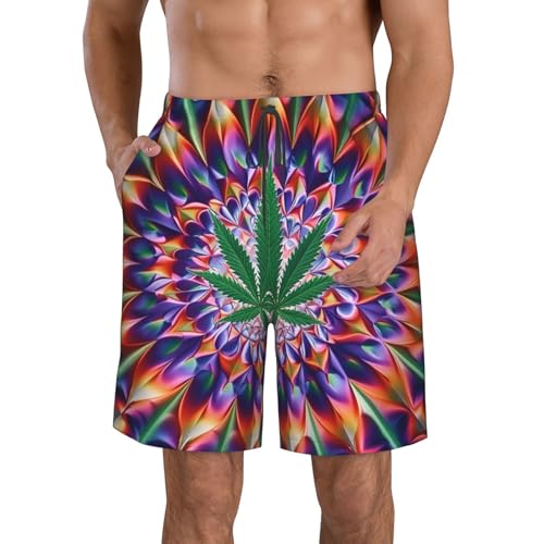 Marijuana Leaves Cannabis Leaf Hippie Psychedelic Trippy Men's Quick Dry Swim Shorts, Mesh Lined Beach Trunks with Pockets4