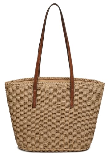 Braguful Women's Shoulder Handbags Beach Chic Tote Purse Leisure Vacation Hobo Bag with Zipper Closure Light Brown